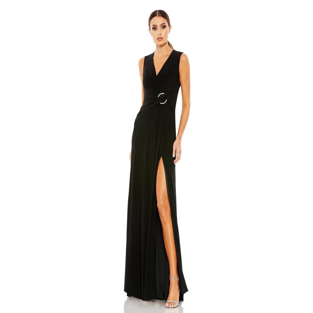 Mac Duggal 26290 Ruched Waist High Slit Black V-Neck Sleeveless Gown 4 NWT